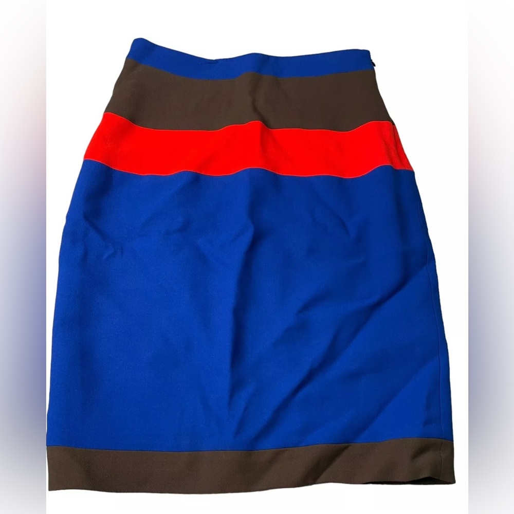 Milly Pencil Skirt Color Block Wool Viscose Blue Brown Knee Lined Size Women’s 2